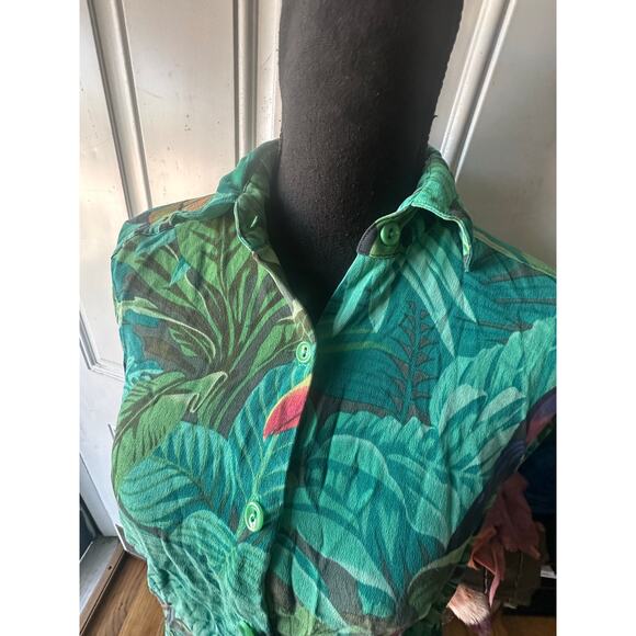 Linda Allard Ellen Tracy Tropical Print Button Down Shirt Toucan & Green Leaves - Picture 2 of 8